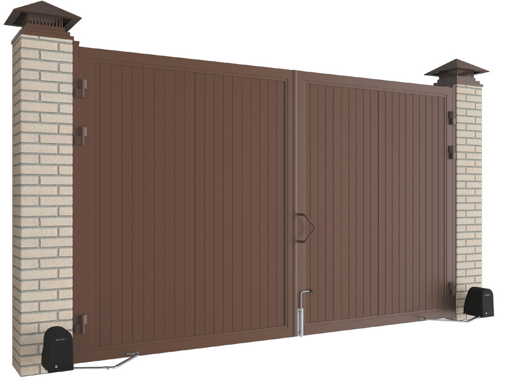 Распашные ворота стандартных размеров в алюминиевой раме с заполнением сэндвич-панелями SWS